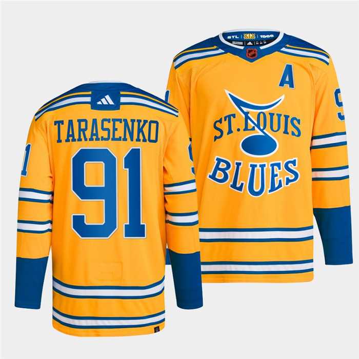 Mens St. Louis Blues #91 Vladimir Tarasenko Yellow 2022-23 Reverse Retro Stitched Jersey Dzhi